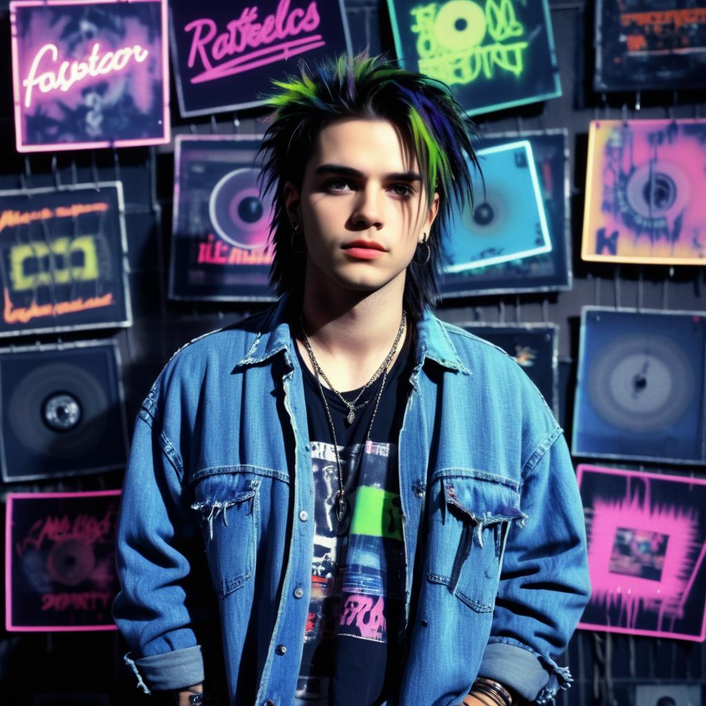 Young Man with Green and Blue Hair in Front of Vinyl Records