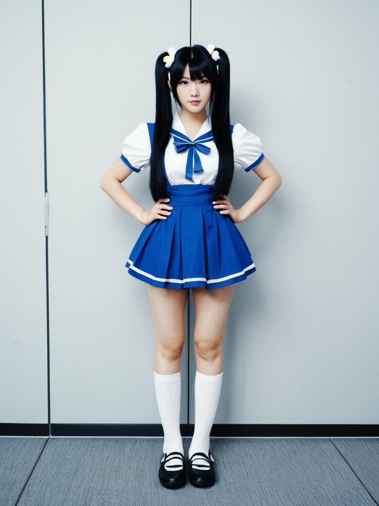 Young Woman in Blue and White Sailor School Uniform with Twin Pigtails
