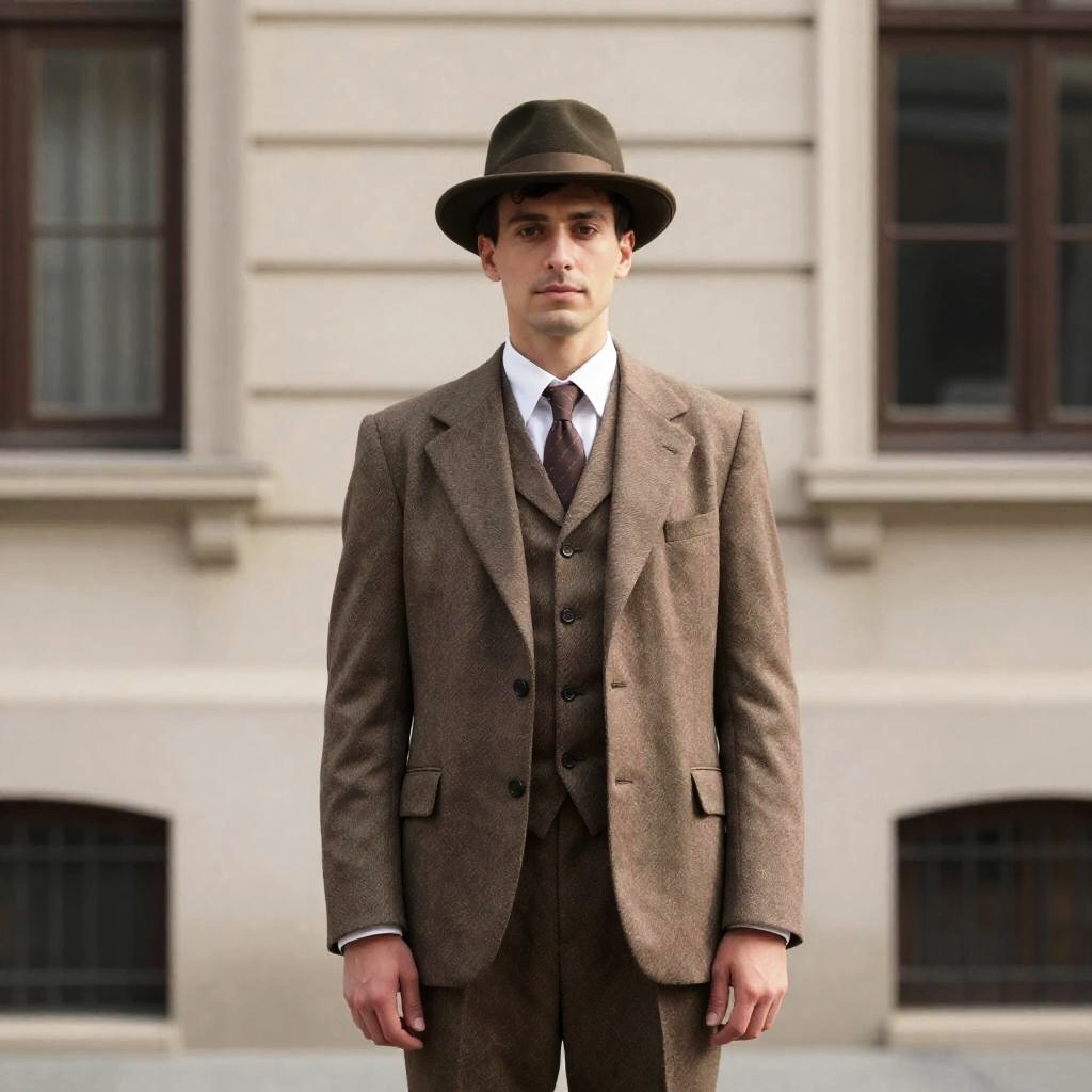 Vintage Costume Man in Brown Three-Piece Suit and Fedora Hat Standing Outdoors