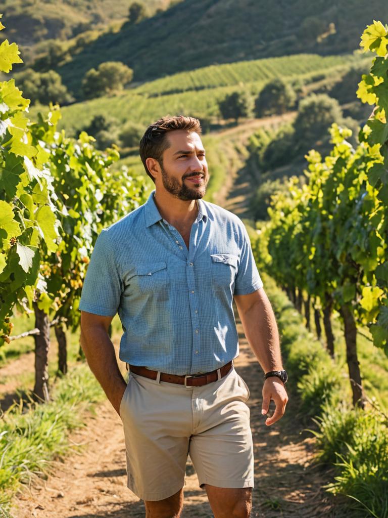 Smiling Man in Sunlit Vineyards