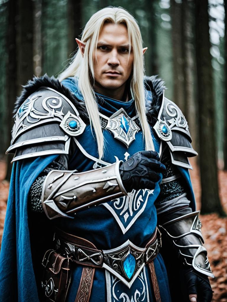 Man in Realistic Arthas Menethil Cosplay Costume in Forest