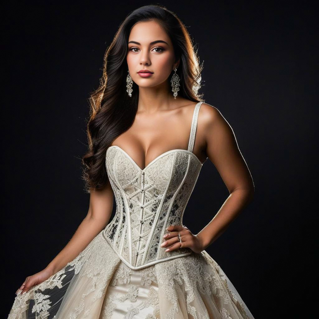 Elegant Woman in Corset Dress Against Black Backdrop Elegant Woman in Corset Dress Against Black Backdrop