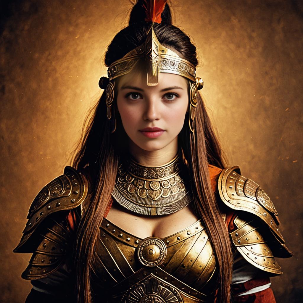 Realistic Portrait of Woman in Ornate Golden Armor and Helmet