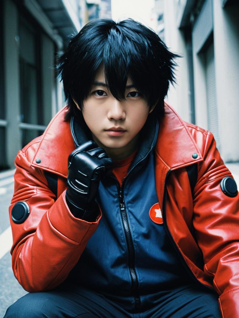 Man Realistic Akira Tsuchiya Cosplay in Red Leather Jacket