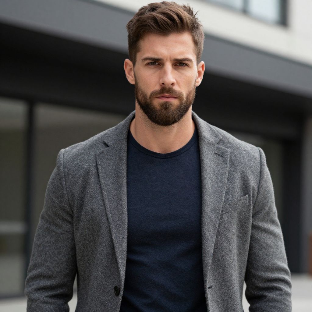 Confident Young Man in Grey Blazer and Navy T-Shirt Outdoor Portrait