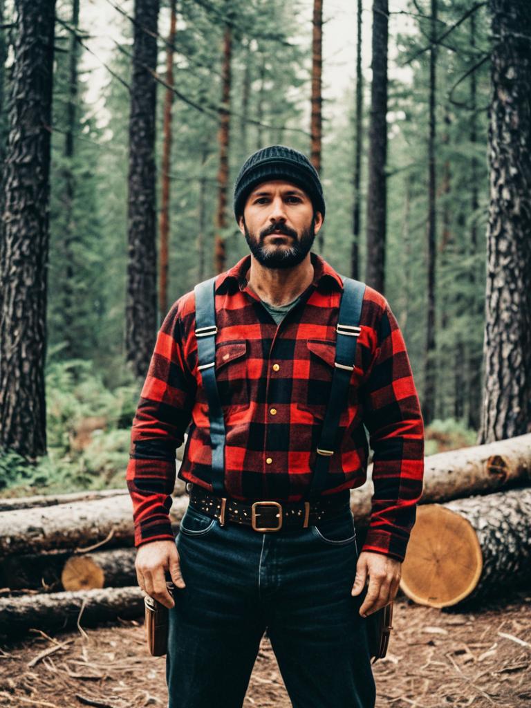 Man in Lumberjack Costume Photorealistic Outdoor Forest Portrait