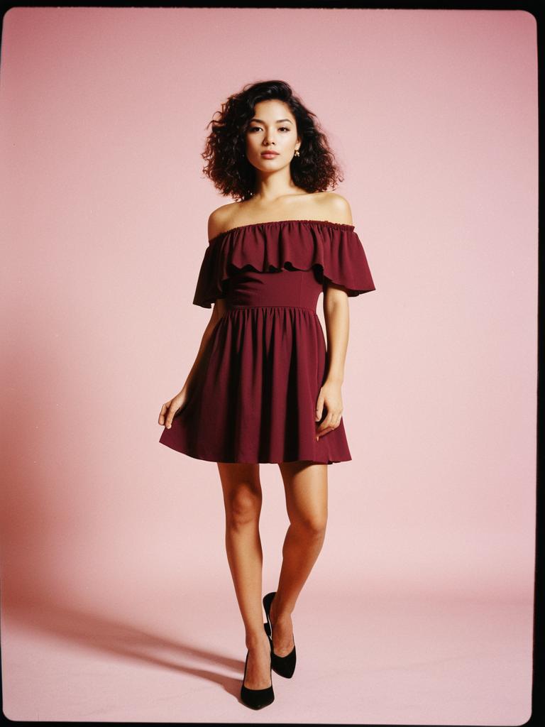 Woman in Off-the-Shoulder Burgundy Mini Dress Stylish Fashion