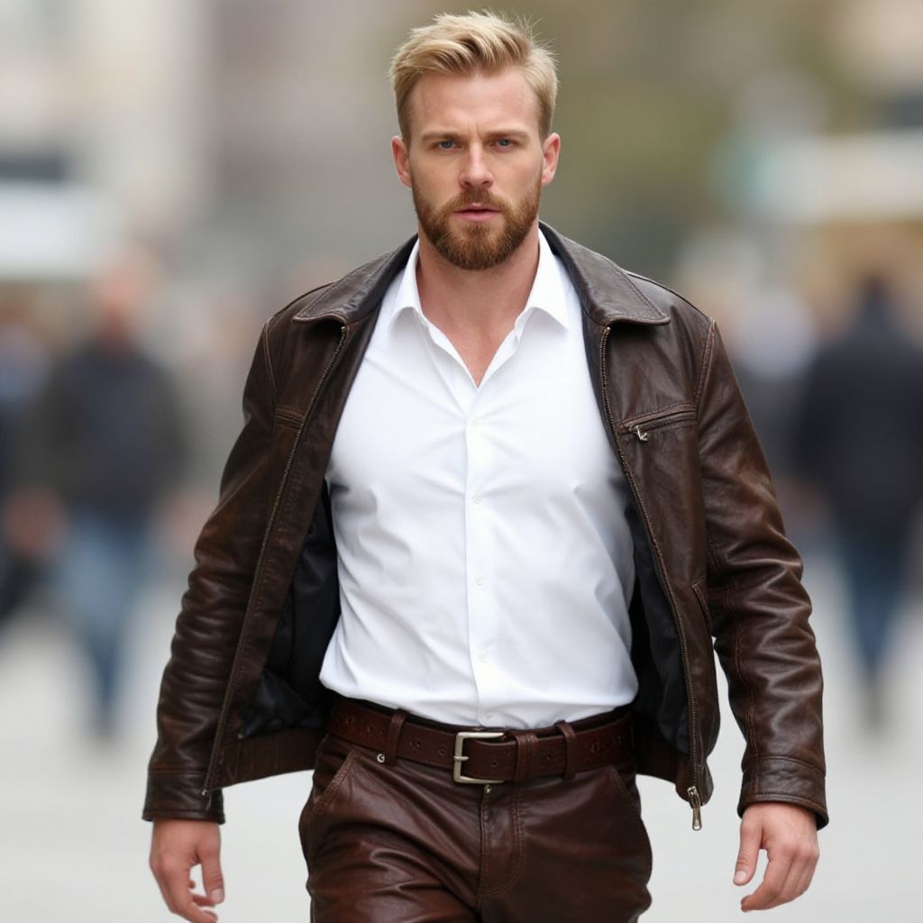 Stylish Man Walking in Brown Leather Jacket and Pants on City Street