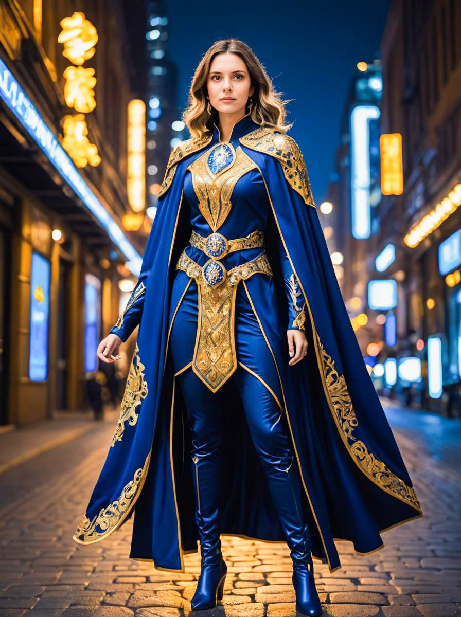 Regal Woman in Blue and Gold Costume