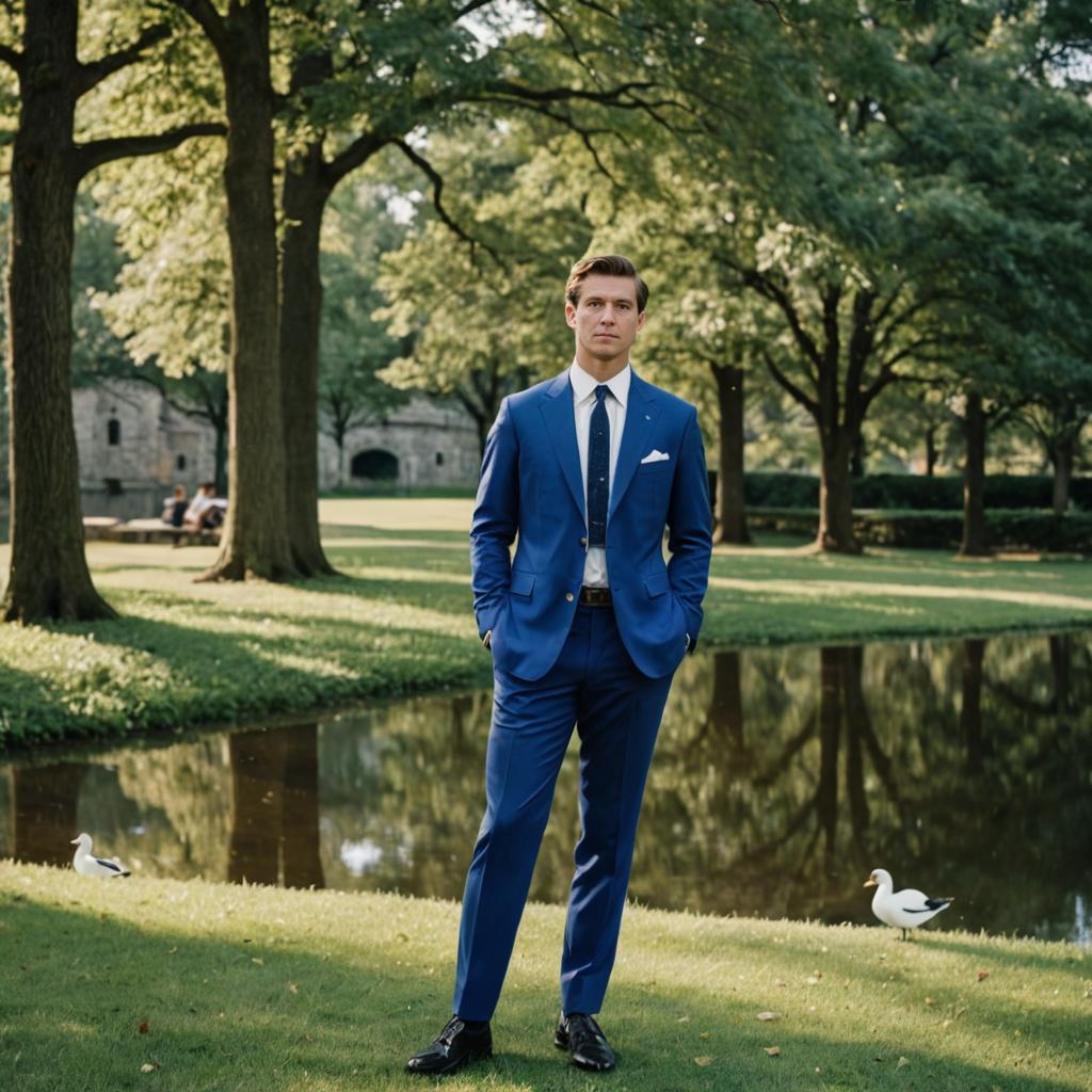 Confident Man in Stylish Blue Suit in Serene Park