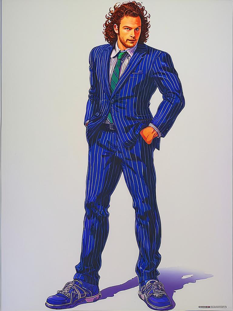 Confident Man in Blue Pinstripe Suit with Sneakers