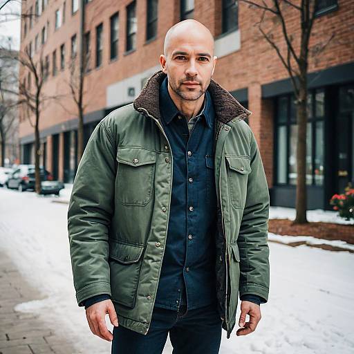 Bald Man Wearing Green Winter Jacket on Snowy Urban Sidewalk