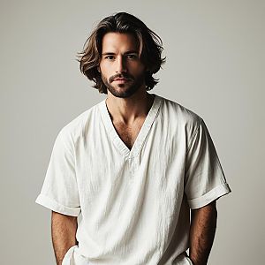 Confident man in white V-neck shirt