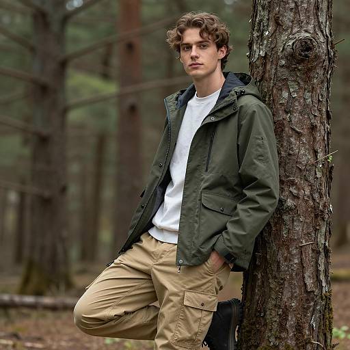 Young Man in Green Jacket Leaning on Tree Outdoors