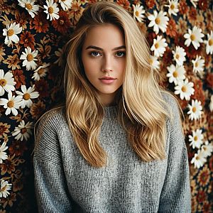 Young Woman in Gray Sweater with Floral Background
