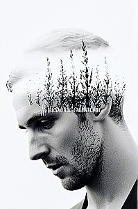 Thoughtful Portrait with Double Exposure and Nature Elements