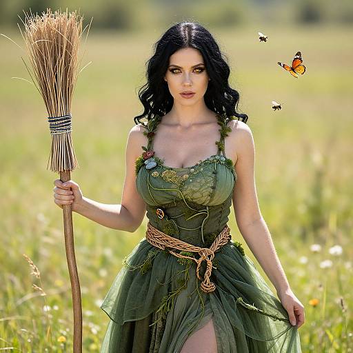 Mystical Woman in Green Nature-Inspired Dress Holding Rustic Broom in Meadow