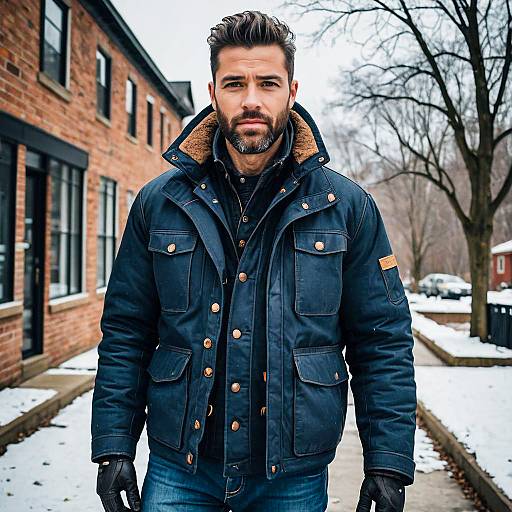 Man Wearing Navy Blue Winter Jacket on Snowy Urban Street