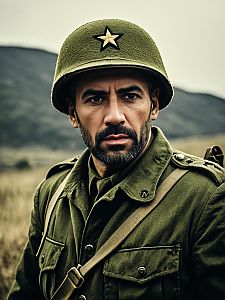 Man in Army-Inspired Olive Green Military Uniform with Helmet Cinematic Realism