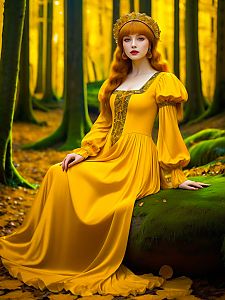 Woman with Red Hair in Yellow Gown in Forest