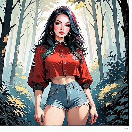 Digital Portrait of Woman in Red Cropped Jacket and Denim Shorts in Forest