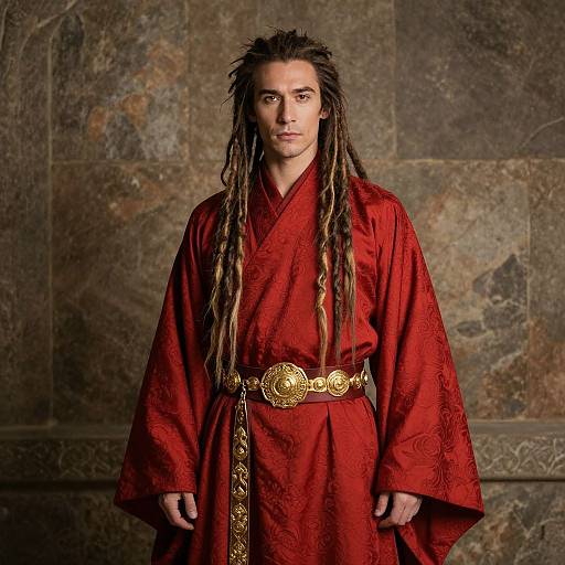 Man in Traditional Red Robe with Gold Belt and Dreadlocks