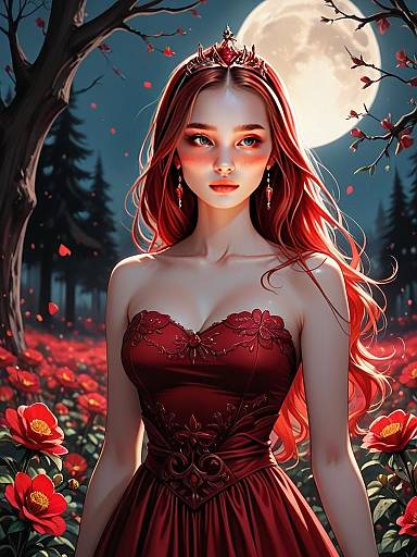 Fantasy Digital Art of Woman in Red Dress with Crown and Full Moon Background