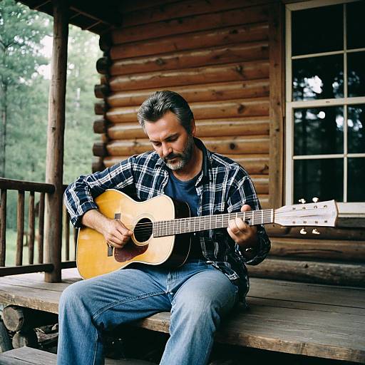 Man Playing Acoustic Guitar on Log Cabin Porch in Nature