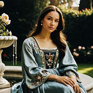 Elegant Woman by Garden Fountain in Historical Dress