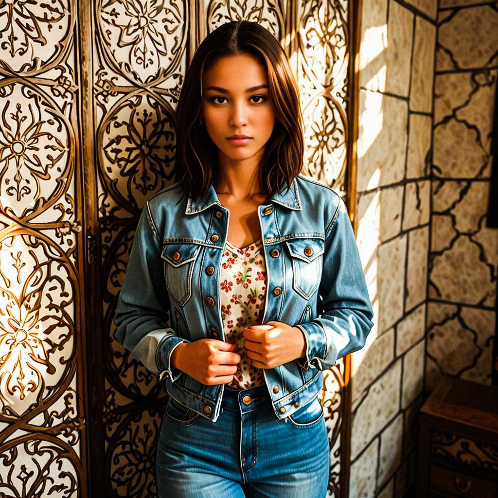 Confident Young Woman in Denim Jacket by Wooden Screen