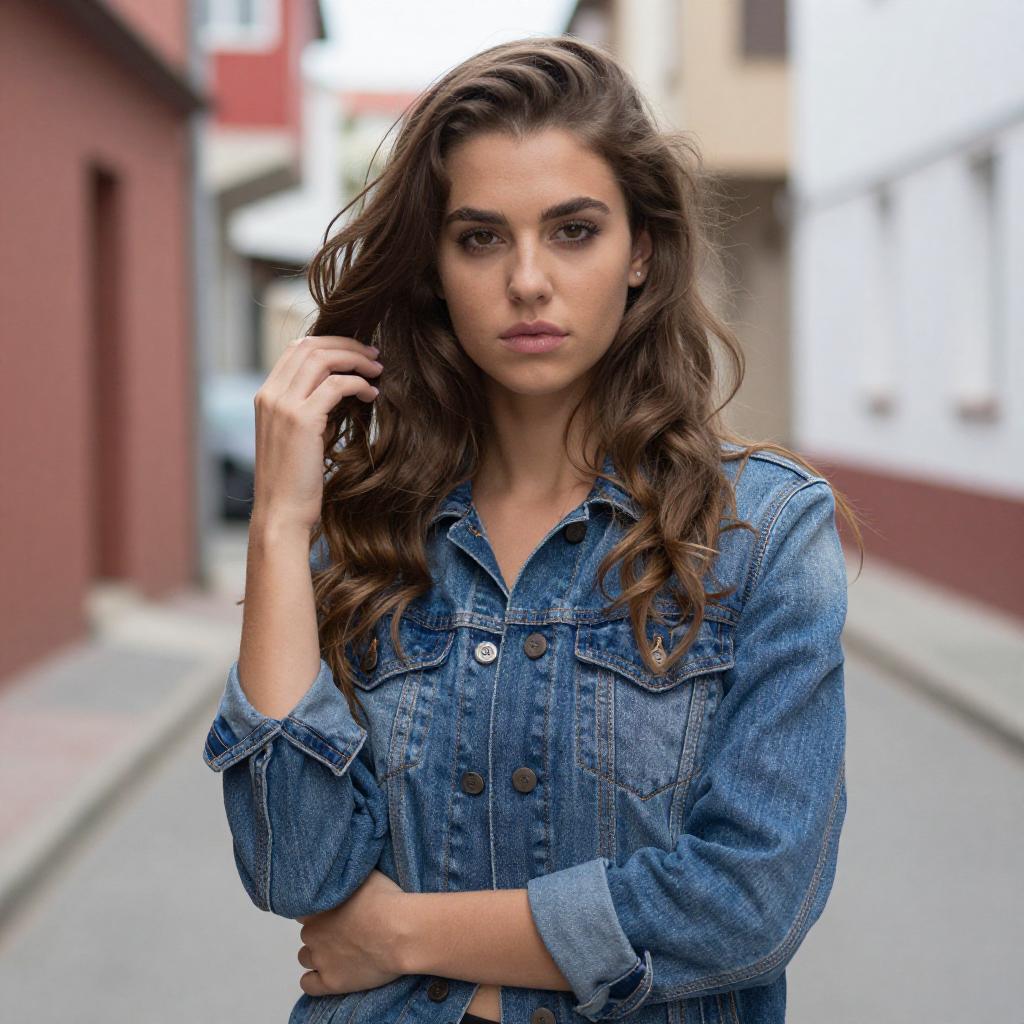 Confident Young Woman in Denim Jacket Outdoor Portrait