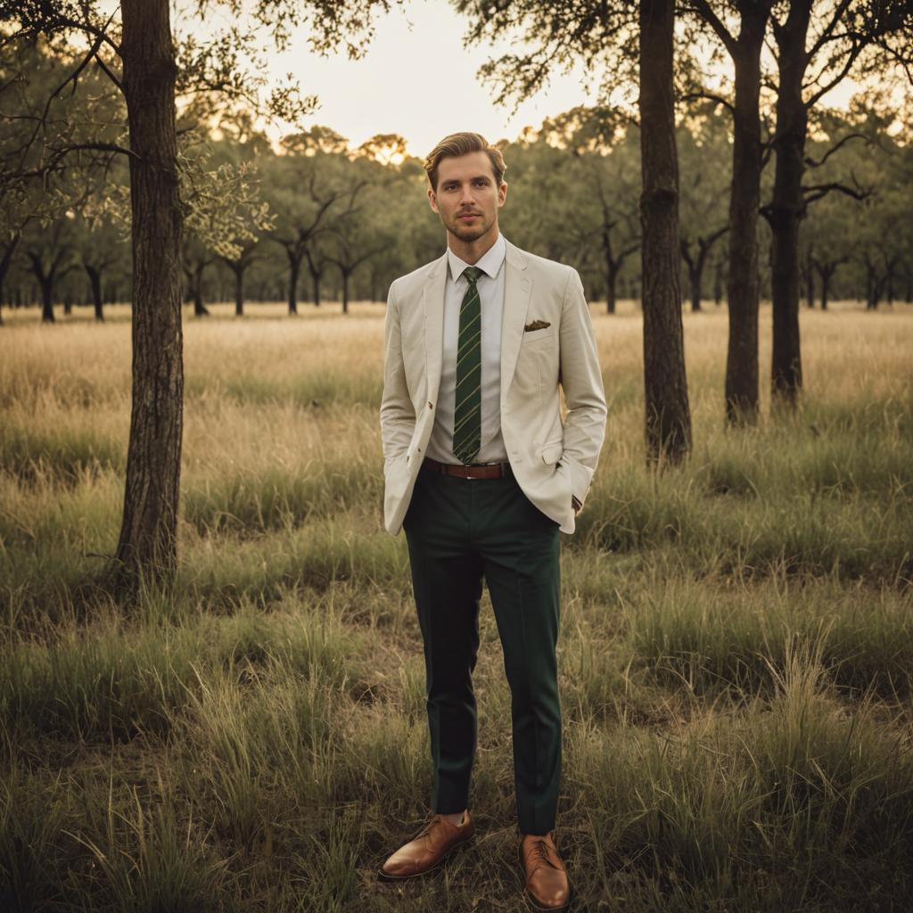 Stylish man in white suit in nature