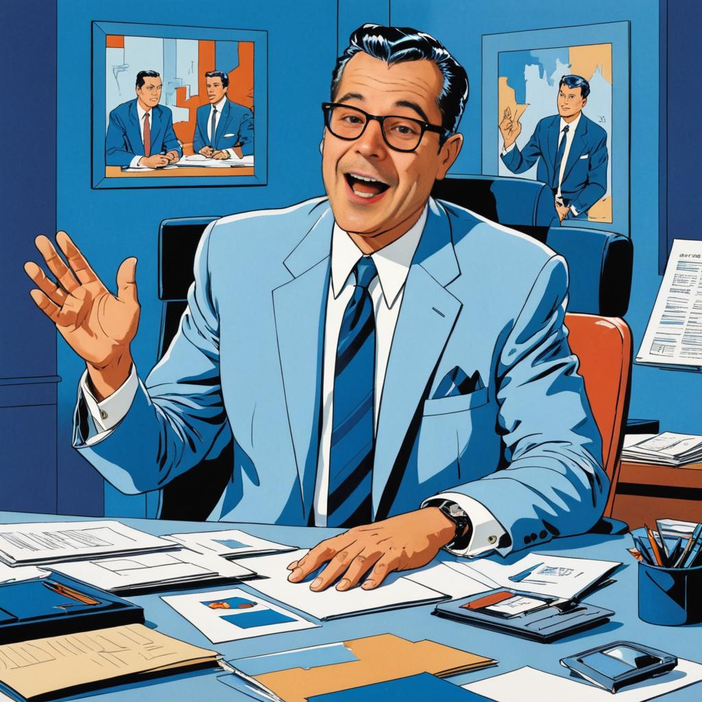 Retro comic business man at busy desk