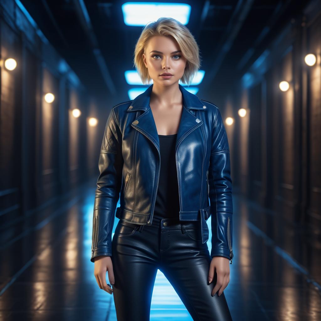 Confident Woman in Blue Leather Jacket