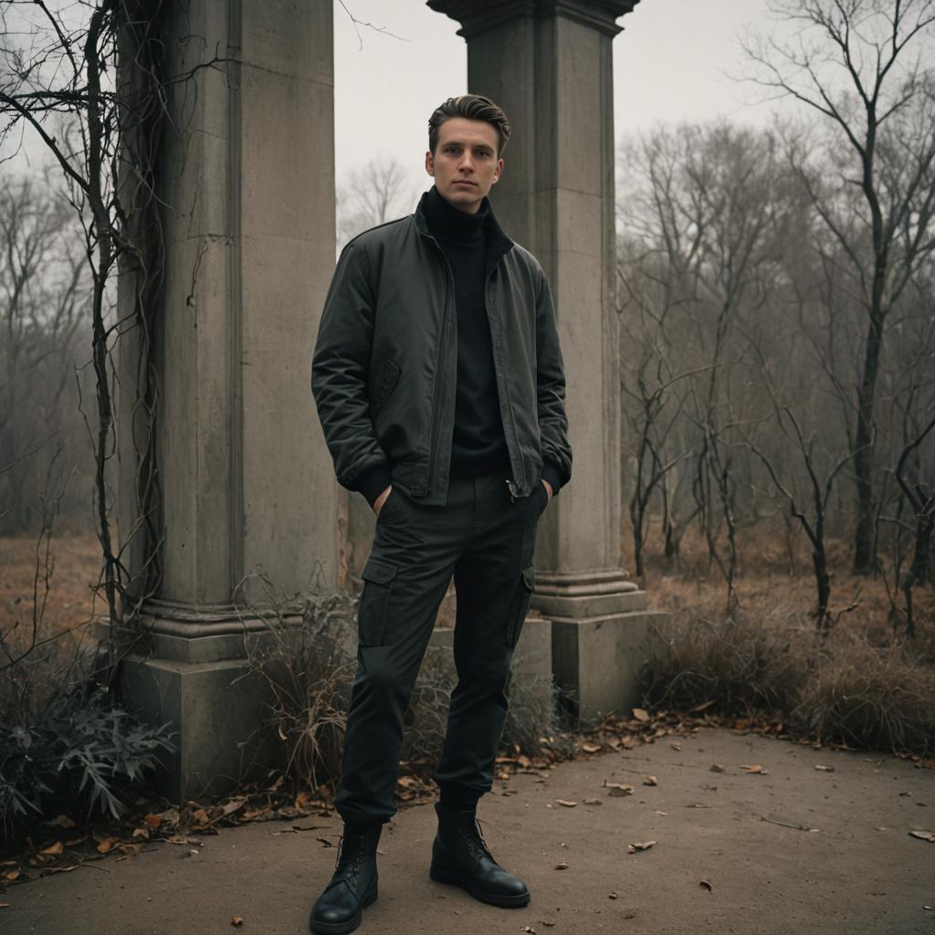 Confident Man Among Classical Columns in Moody Forest