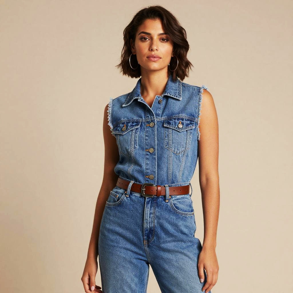 Stylish Woman Wearing Sleeveless Denim Vest and Jeans Outfit