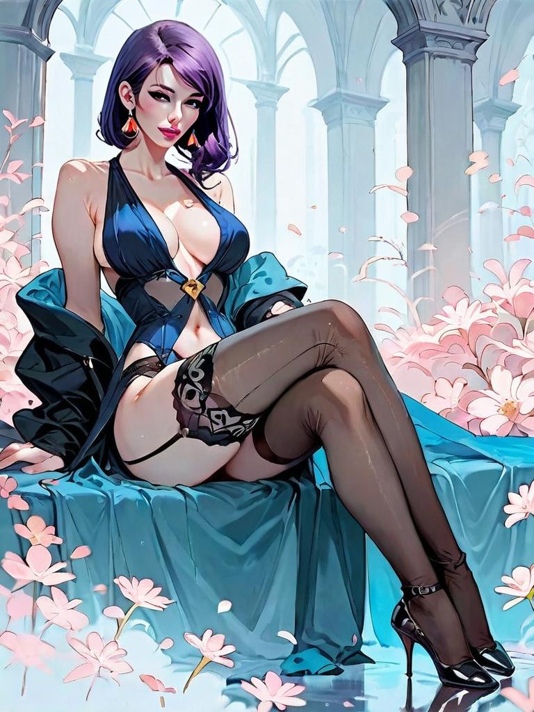 Dark Fantasy Full Body Illustration of Woman in Elegant Lingerie with Purple Hair
