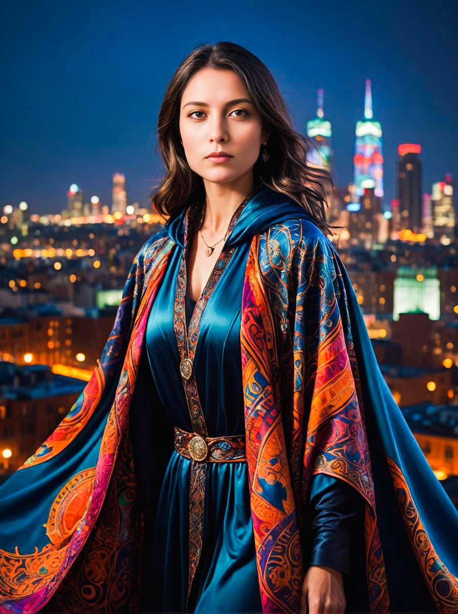 Confident Woman in Cloak Against City Skyline