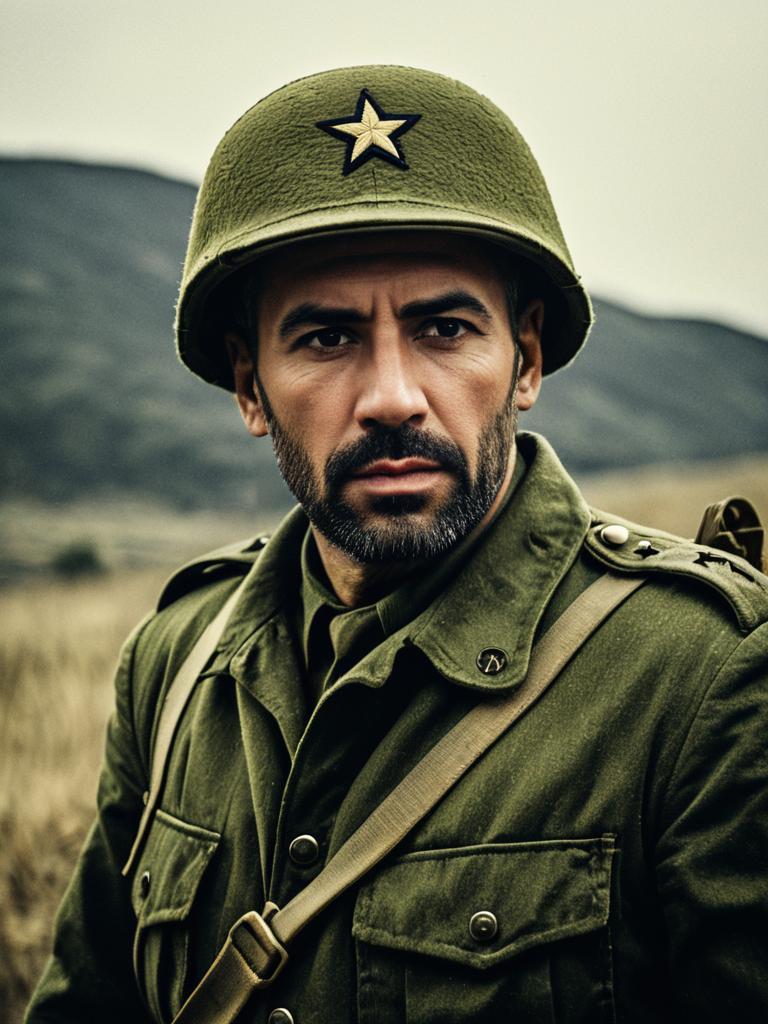 Man in Army-Inspired Olive Green Military Uniform with Helmet Cinematic Realism