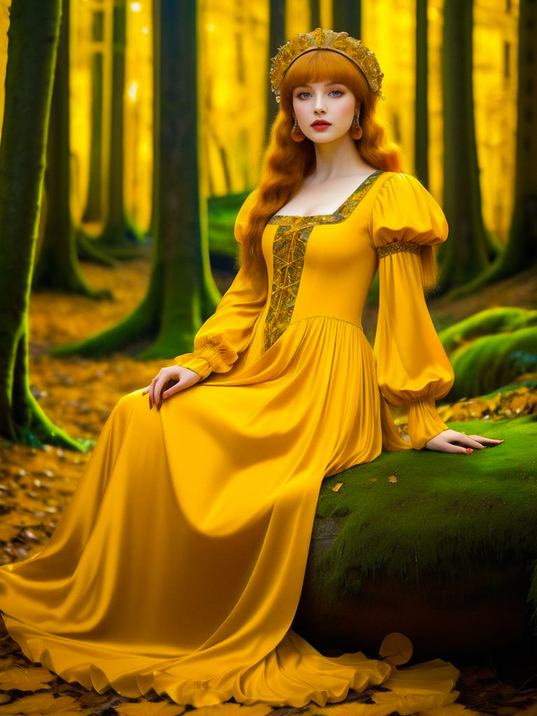 Woman with Red Hair in Yellow Gown in Forest Woman with Red Hair in Yellow Gown in Forest