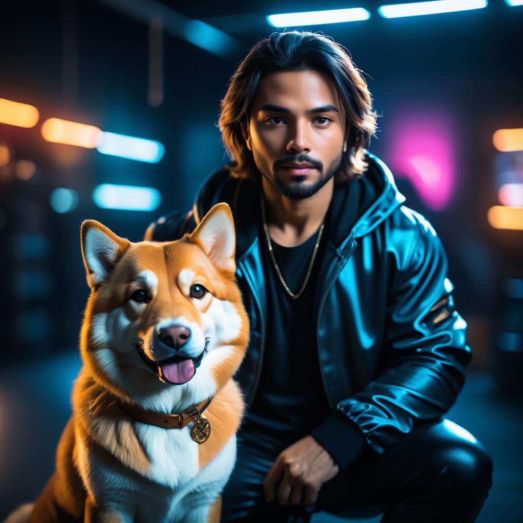 Young Man in Black Outfit with Shiba Inu