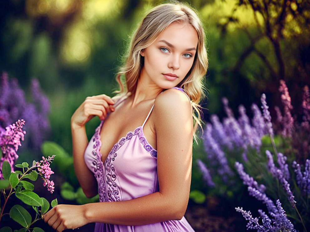 Young Woman in Lavender Dress Among Flowers