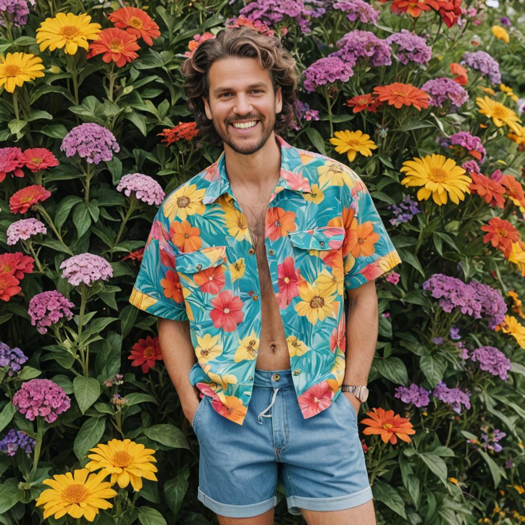 Cheerful Man in Floral Shirt Among Colorful Flowers