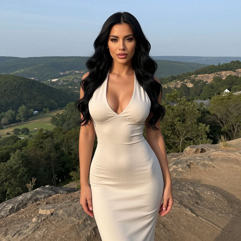 Elegant Woman in Beige Dress Standing on Rocky Hill with Scenic Green Hills Background