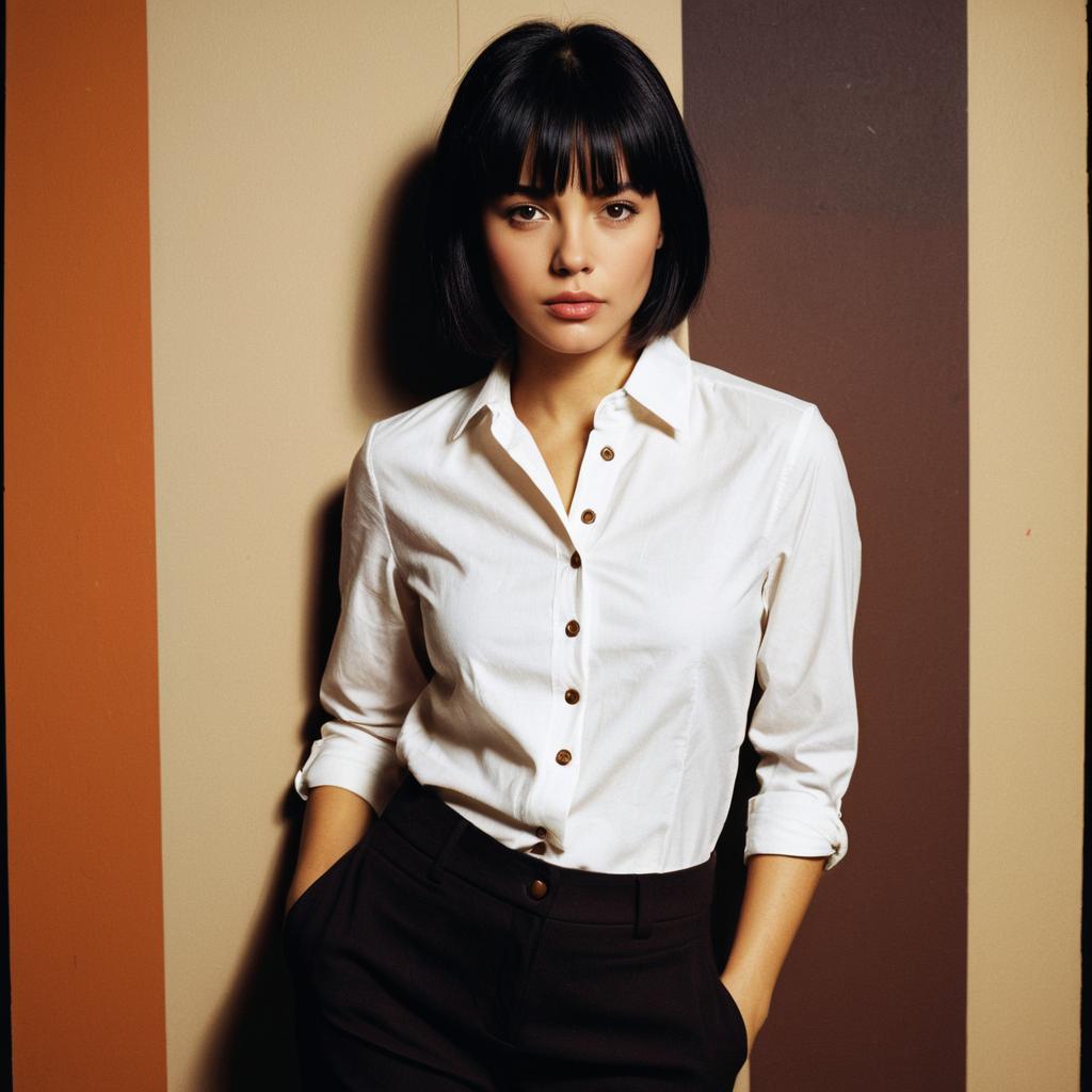 Confident Woman in White Shirt Against Warm Striped Background Confident Woman in White Shirt Against Warm Striped Background
