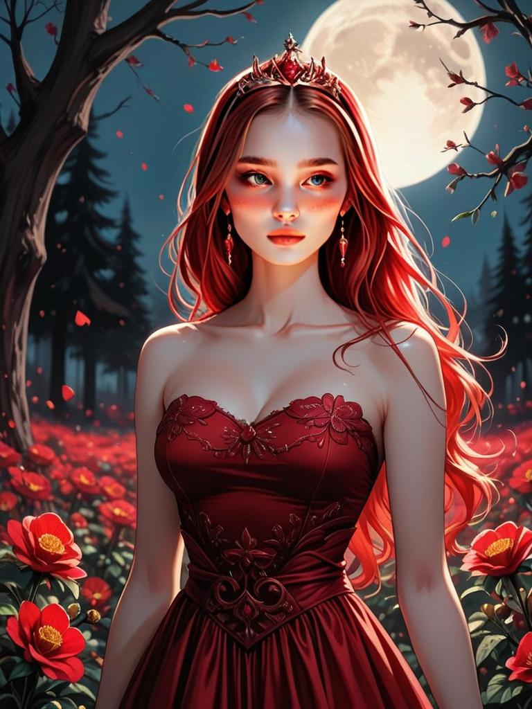 Fantasy Digital Art of Woman in Red Dress with Crown and Full Moon Background