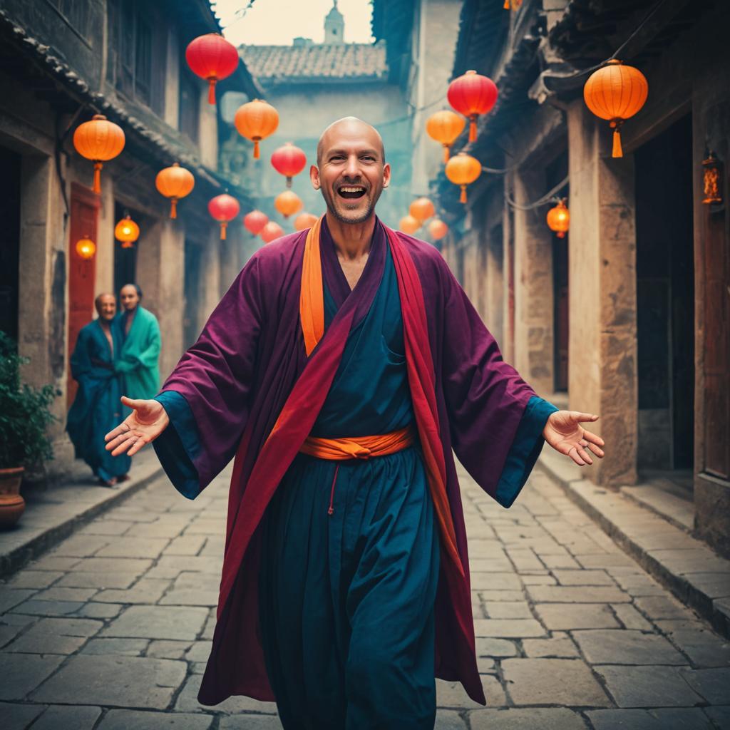 Cheerful Man in Traditional Robes in Lantern-Adorned Corridor