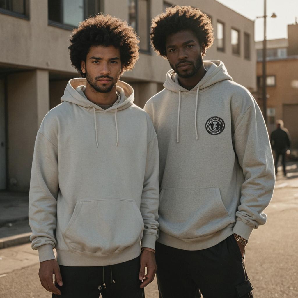 Two Young Men in Casual Hoodies Against Urban Backdrop