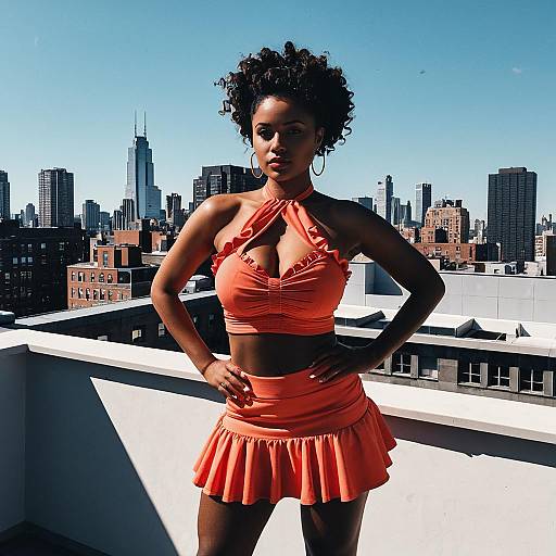 Confident Woman in Orange Outfit on City Rooftop with Skyline