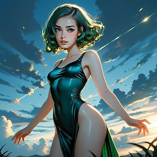 Dark Glamour Illustration of Woman in Glossy Dress with Dramatic Sky